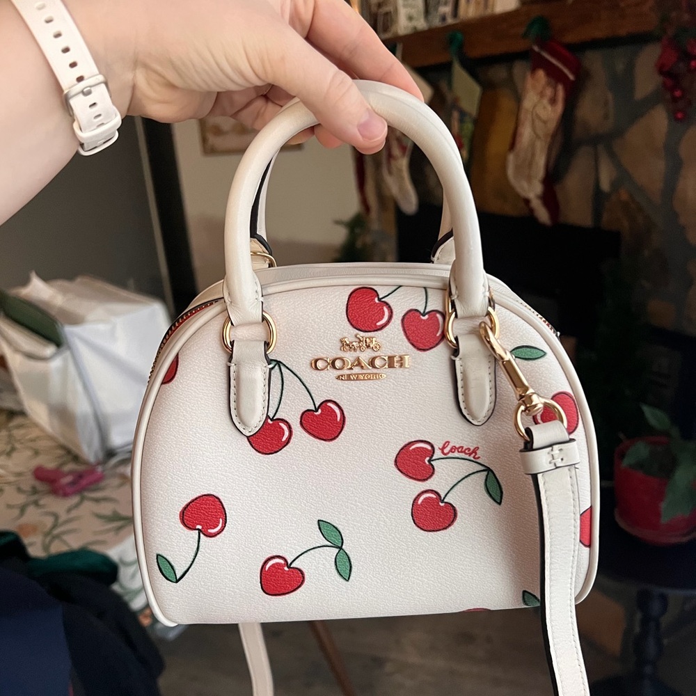 Coach White Sydney Satchel with Red Cherry Print